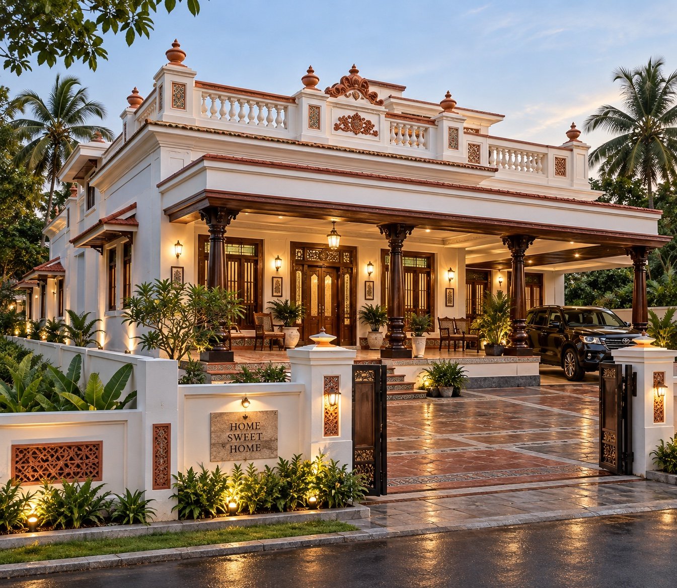 Traditional home with carved wooden pillars and a welcoming veranda