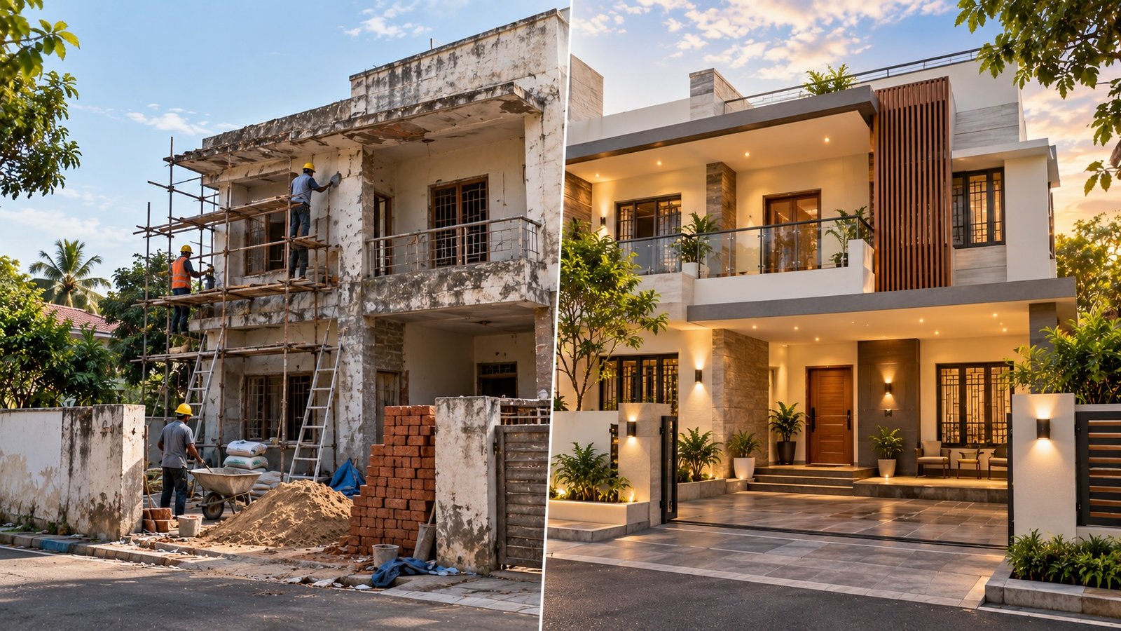 Before and after view of a home renovation
