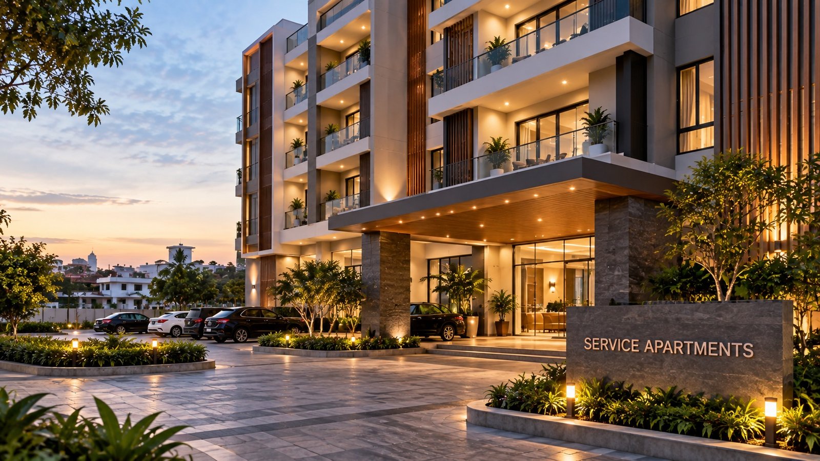Modern serviced apartments with balconies and an illuminated entrance